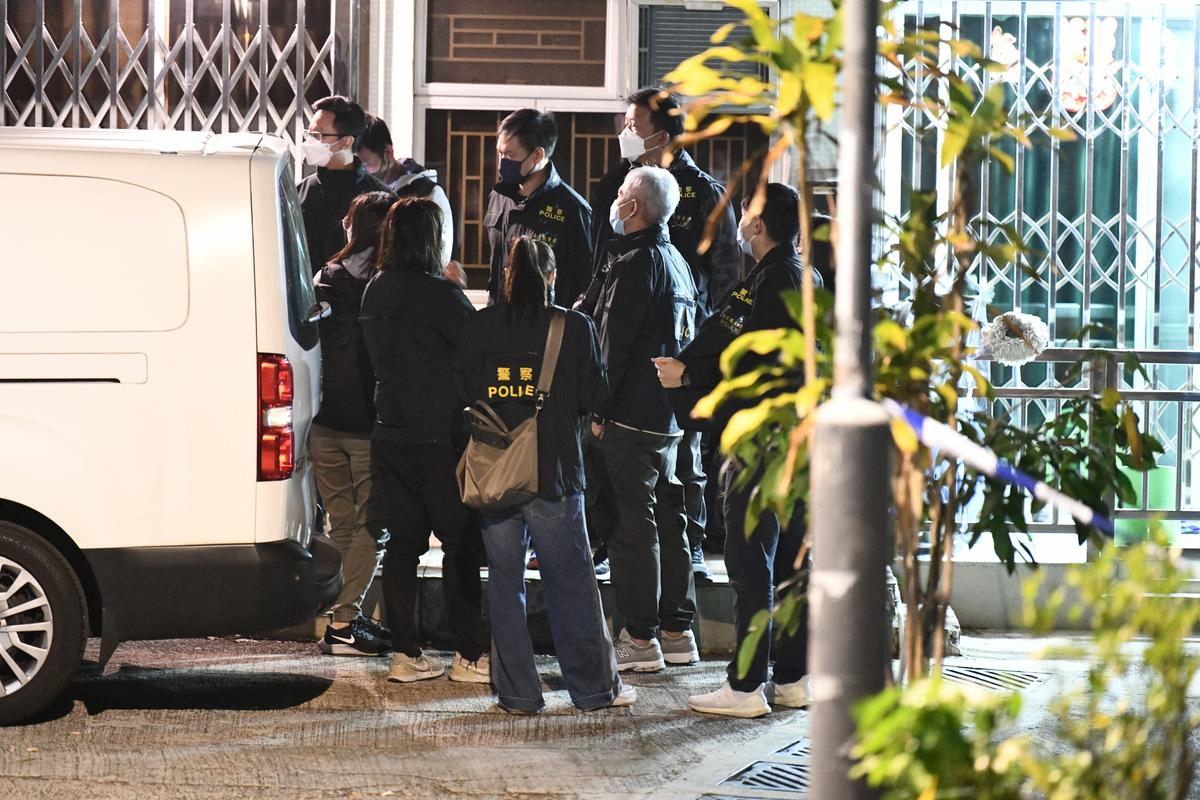 The police recovered the skull of the victim, and the detectives of the West Kowloon Crime Unit collected evidence in a village house at No. 56B in Lung Mei Village, Tai Po, Hong Kong, on Feb.26, 2023. (Big Mack/The Epoch Times)
