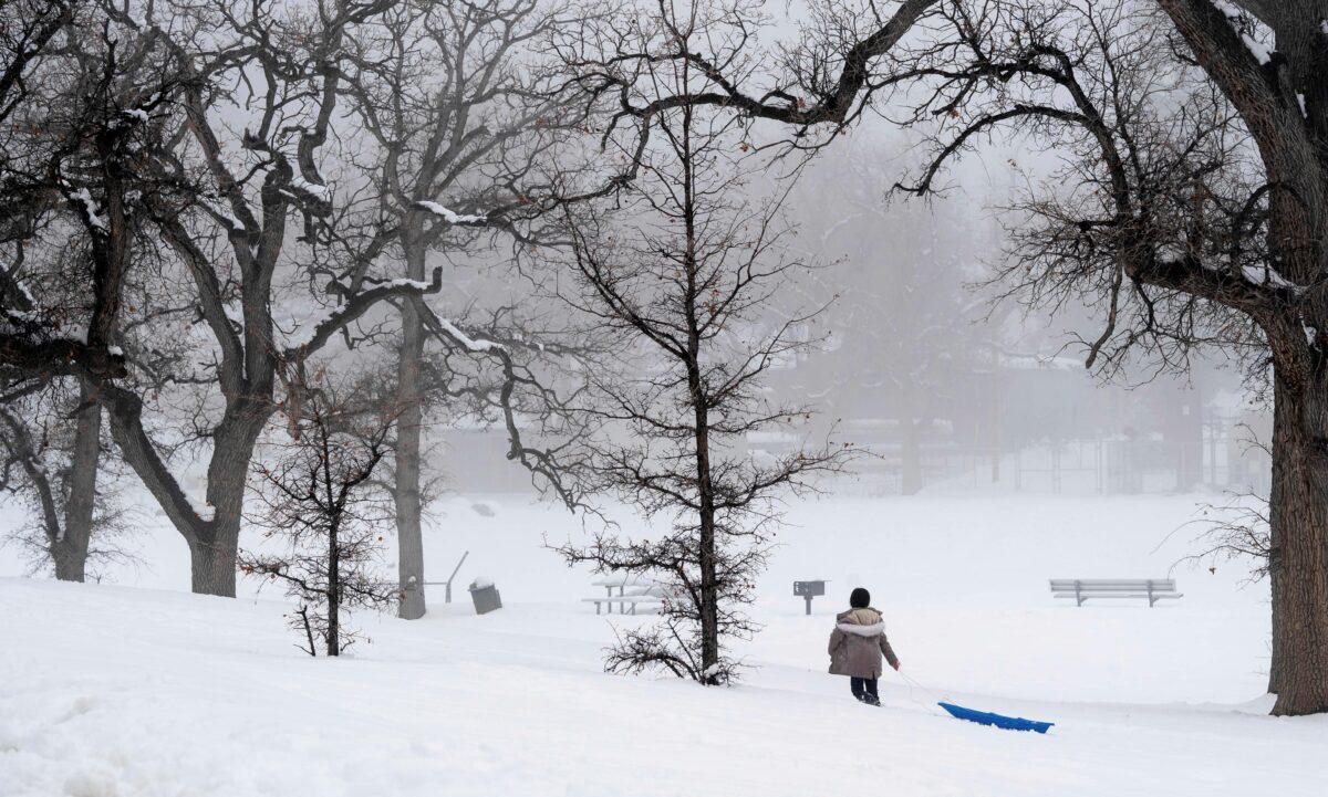 A person drags a sled through the snow at Frazier Park in Calif., on Feb. 27, 2023. (David Crane/The Orange County Register via AP)