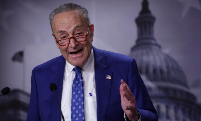 Senate Majority Leader Chuck Schumer (D-N.Y.) speaks during a news conference at the U.S. Capitol in Washington on Feb. 7, 2023. (Alex Wong/Getty Images)