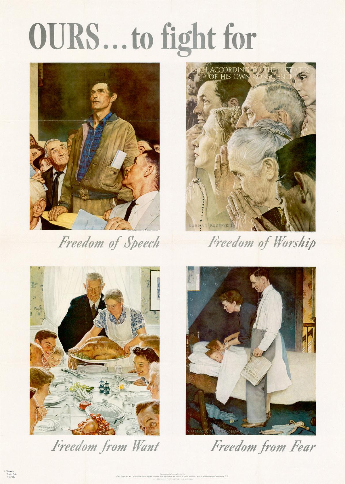 A poster with the illustrated series of Norman Rockwell's "Four Freedoms" for The Saturday Evening Post magazine, 1943. (Public Domain)