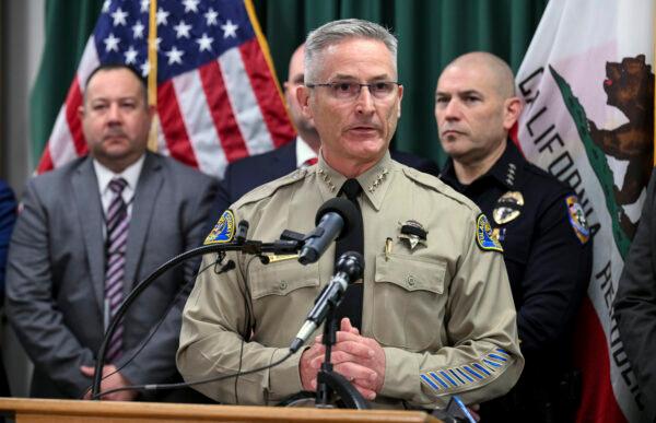 Tulare County Sheriff Mike Boudreaux announces the arrests of two suspects in the Jan. 16 homicide of six people in Goshen, Calif., during a news conference in Visalia, Calif., on Feb. 3, 2023. (Ron Holman/The Times-Delta via AP)