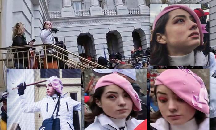 A woman at the time known only as "Pink Beret" at the U.S. Capitol on Jan. 6, 2021. (U.S. District Court-Open Source Video/Screenshots via The Epoch Times)