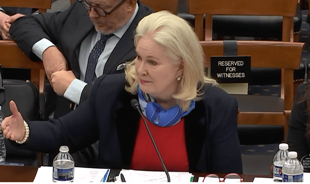 Deborah Wince-Smith, President and CEO of the Council on Competitiveness, speaks to a congressional committee on Capitol Hill on Feb. 28, 2023. (Janice Hisle/The Epoch Times via video screenshot)
