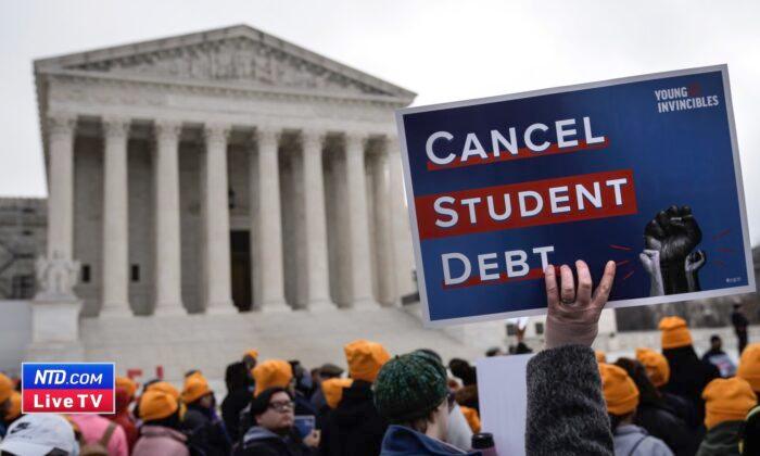 People rally in support of the Biden administration's student debt relief plan in front of the U.S. Supreme Court in Washington on Feb. 28, 2023. (Drew Angerer/Getty Images)