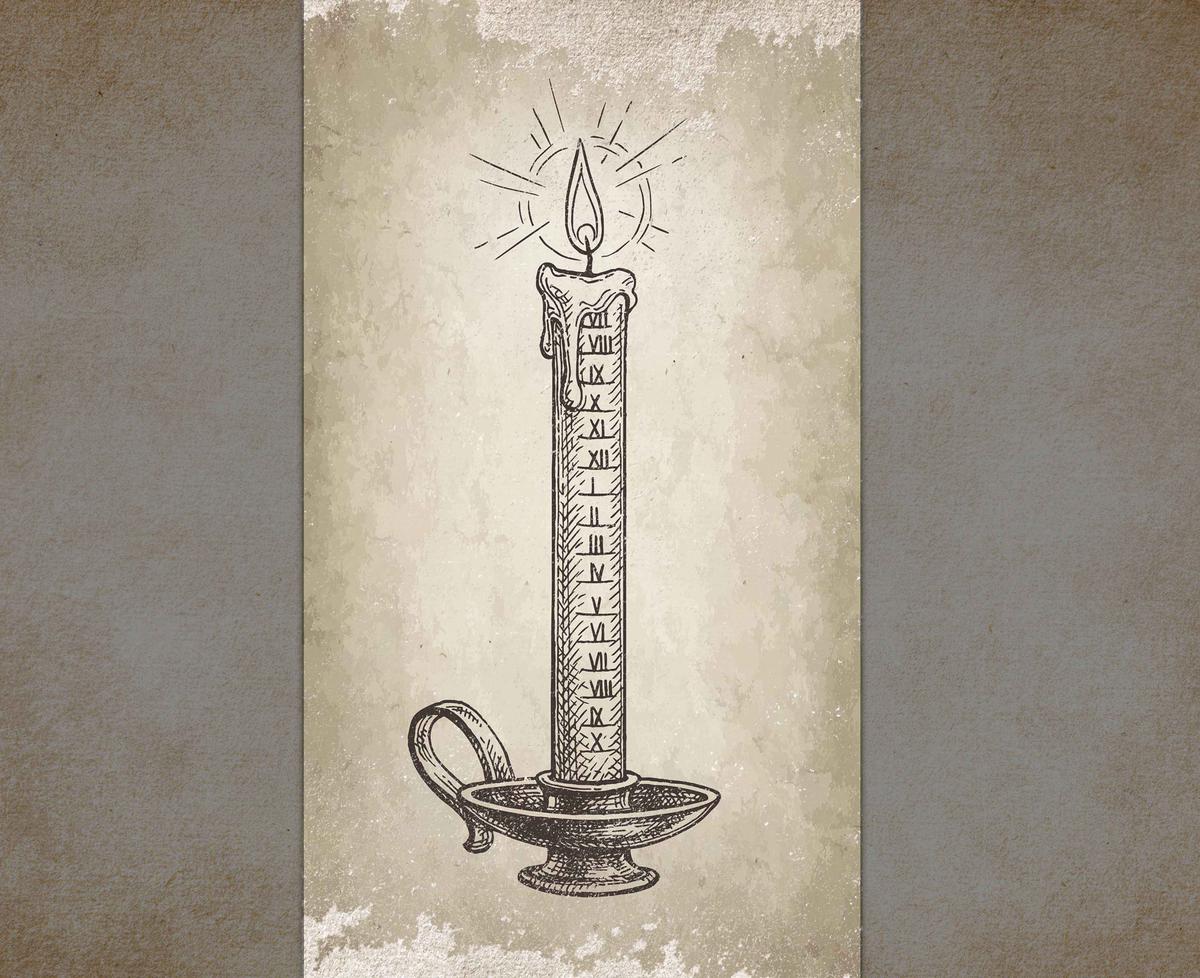 An illustration of a candle clock. (Nata_Alhontess/Lukasz Szwaj/Shutterstock)