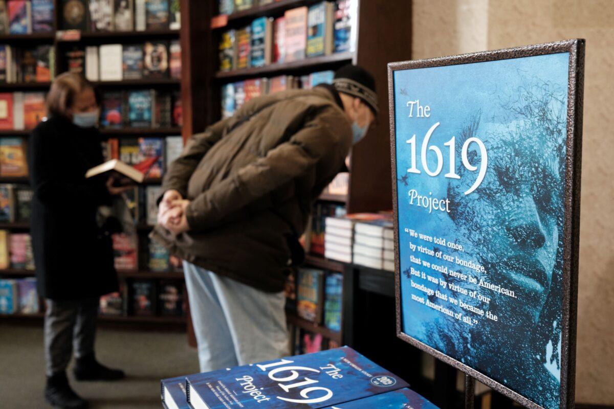 The book "The 1619 Project: A New Origin Story" is displayed at a bookstore in New York on Nov. 17, 2021. (Spencer Platt/Getty Images)