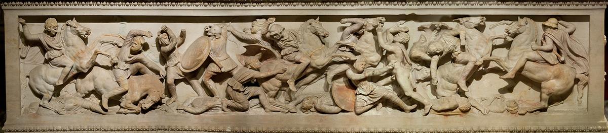 The Alexander Sarcophagus in Istanbul illustrating the Battle of Issus (333 B.C.) with Alexander depicted on the far left atop a rearing horse. (nathings/Shutterstock)
