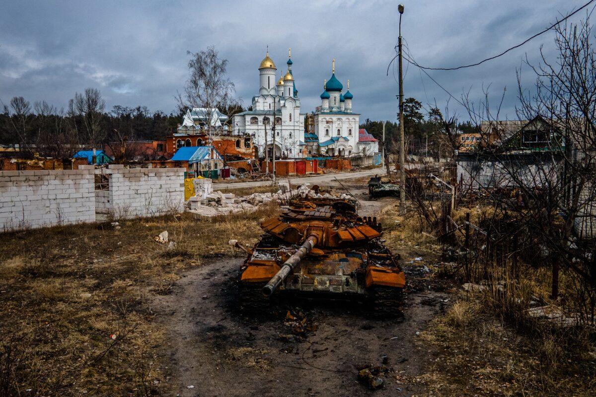 A destroyed Russian T-72 tank is seen near Pokrovy Presvyatoyi Bohorodytsi Church, in the city of Svyatohirs'k, Donetsk region, on March 1, 2023, amid the Russian invasion of Ukraine. (Ihor Tkachov/AFP via Getty Images)