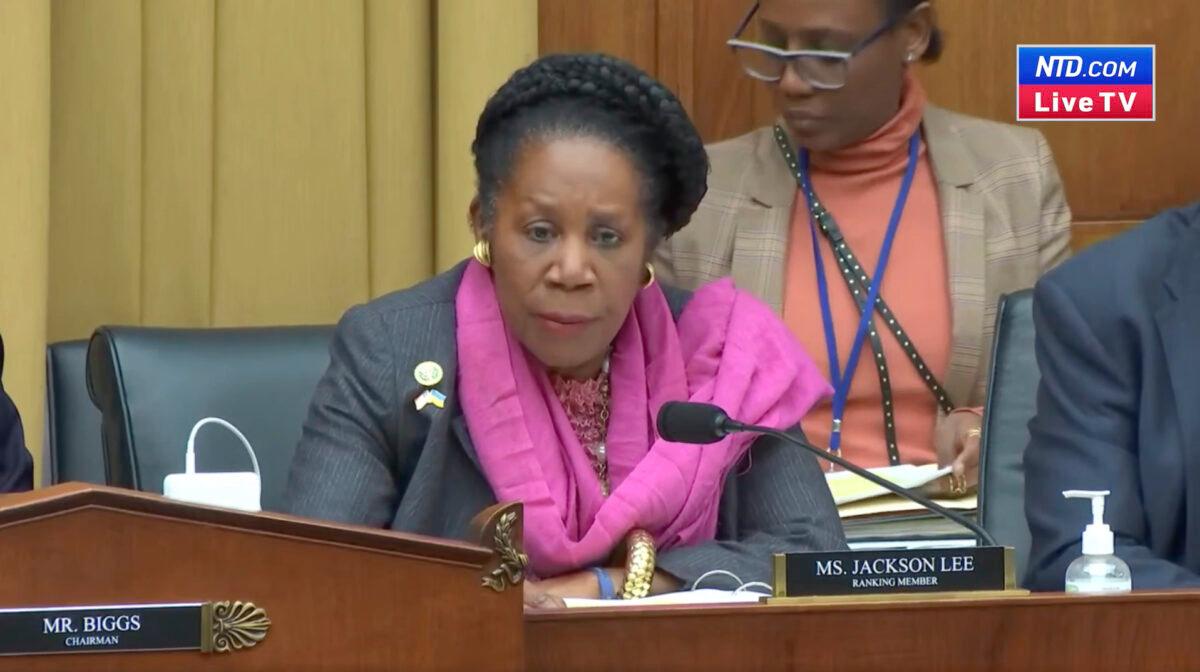 Rep. Sheila Jackson Lee (D-Texas) speaks at a House Judiciary Committee Subcommittee hearing in Washington on March 1, 2023, in a still from a video. (House Judiciary Committee Youtube/Screenshot via NTD)