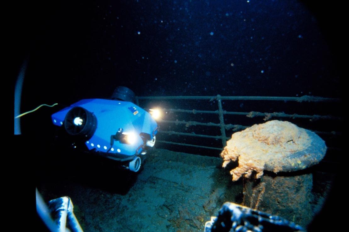 ROV Jason Jr. surveys the forward deck of the Titanic. (Courtesy of WHOI Archives /©Woods Hole Oceanographic Institution)