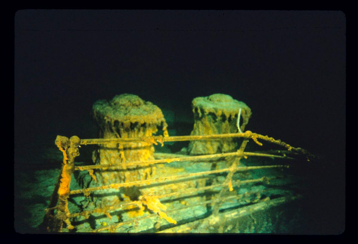 Detail showing a deck railing and capstans. (Courtesy of WHOI Archives /©Woods Hole Oceanographic Institution)