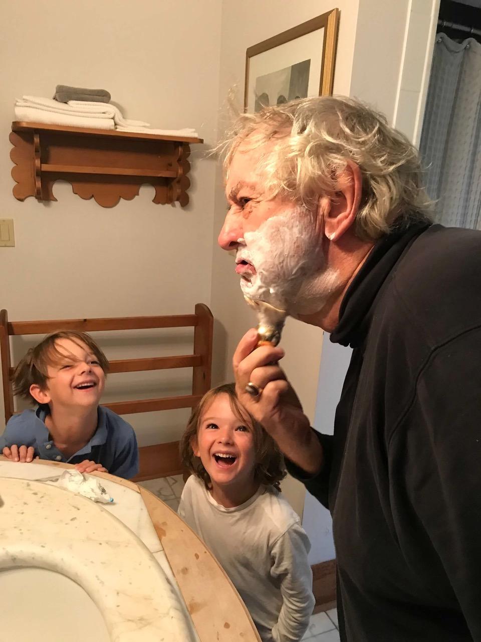 Frank Gardiner and his grandsons, Cole and Monty, during his morning shave. (Courtesy of Frank Gardiner)