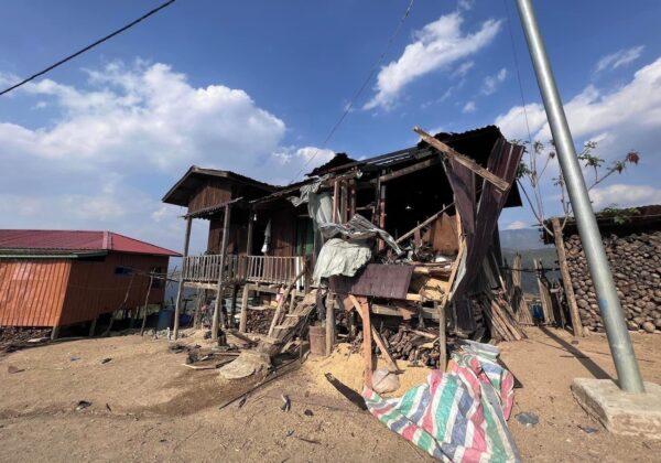 One of the houses that were destroyed in an airstrike by the military junta in the Khuafo village, located north of the Chin State town of Thantlang, Burma, on March 30, 2023. (Free Burma Rangers)