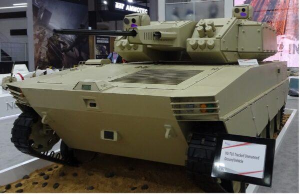 Norinco displays its VU-T10 unmanned 30 mm cannon-armed “tank,” a system that could help Russian offensives and reduce Russian casualties, at the IDEX exhibition, in Abu Dhabi, United Arab Emirates, in February 2023. (Courtesy of Richard Fisher)