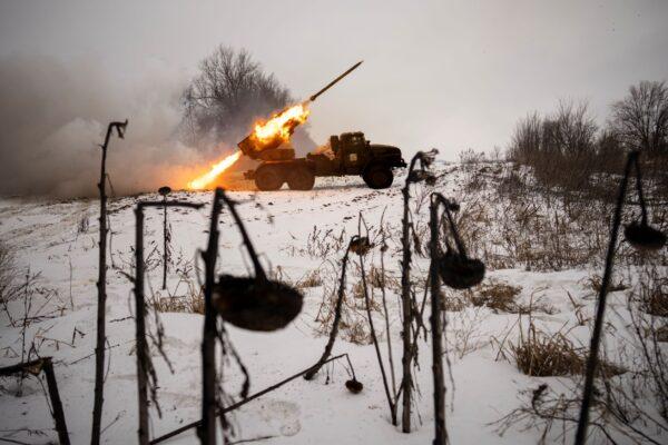 Ukrainian servicemen of the Prince Roman the Great 14th Separate Mechanized Brigade fire a Soviet era Grad multiple rocket launcher at Russian positions in the Kharkiv area, Ukraine, on Feb. 25, 2023. (Vadim Ghirda/AP Photo)