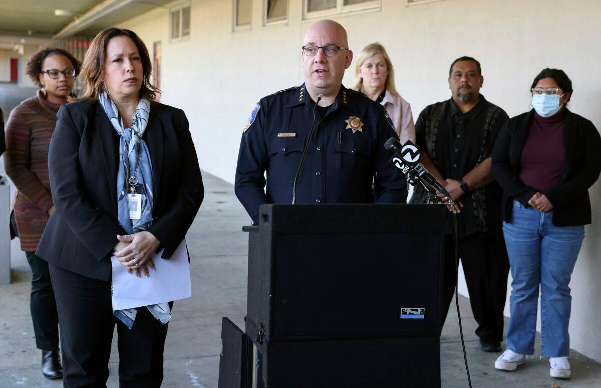 Santa Rosa Police Chief John Cregan addresses the media alongside Santa Rosa City Schools Superintendent Anna Trunnel during a press conference about the fatal stabbing that occurred at Montgomery High School in Santa Rosa, Calif., on March 1, 2023. (Christopher Chung/The Press Democrat via AP)