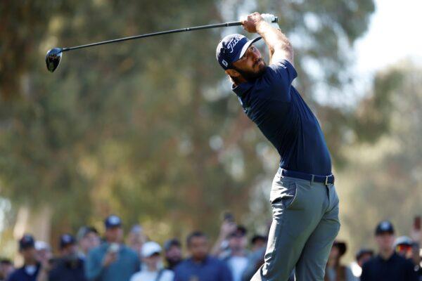 Max Homa hits from the ninth tee during the final round of the Genesis Invitational golf tournament at Riviera Country Club, in the Pacific Palisades area of Los Angeles on Feb. 19, 2023. (Ryan Kang/AP Photo)