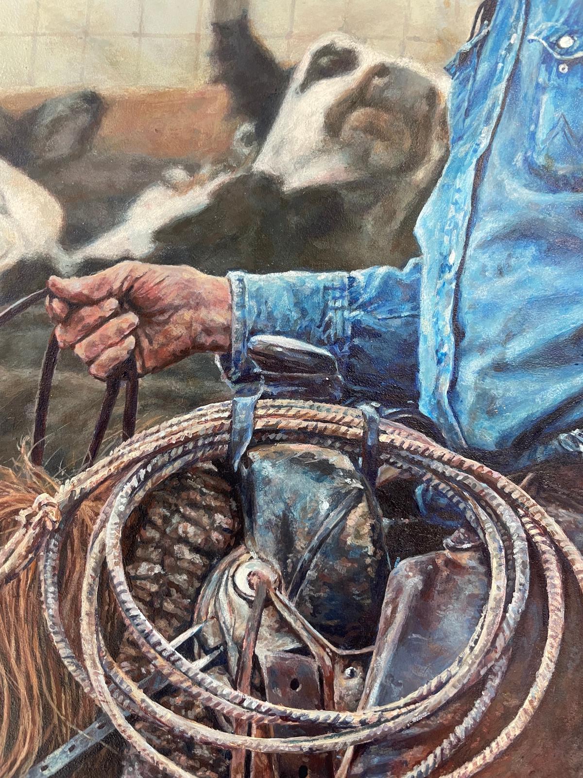 Detail of the background and cowboy's hand in Mia's painting, "Our Last Roundup." (Courtesy of Mia Huckman)