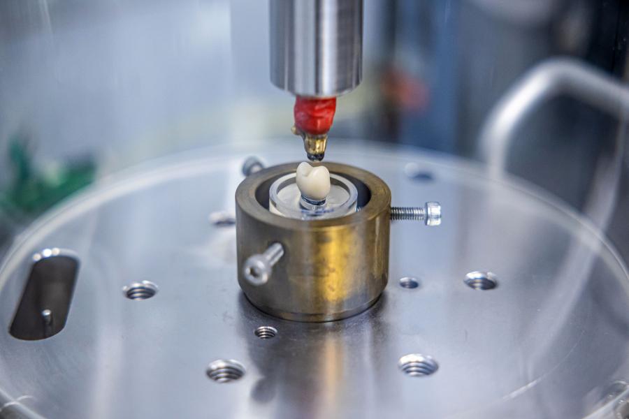 Dentine analog material substrate and substrate in the ceramic crown used for laboratory fatigue tests. (Courtesy of Hong Kong University)