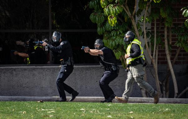 Multiple law enforcement and first responder agencies participate in an active shooter exercise on the campus of Biola University in La Mirada, Calif., on Feb. 28, 2023. (John Fredricks/The Epoch Times)