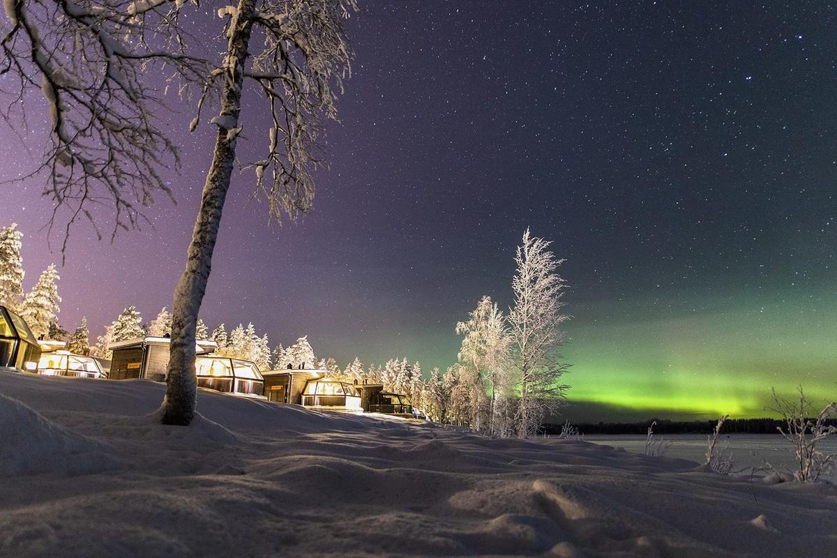 Aurora borealis seen near the horizon near the cluster of "glass igloos" at Ranua Resort in Finland. (Courtesy of Sami Takarautio via Ranua Resort)