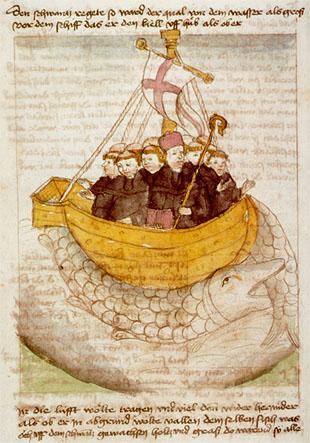 The voyage of St. Brendan depicted in a German manuscript. (Public Domain)