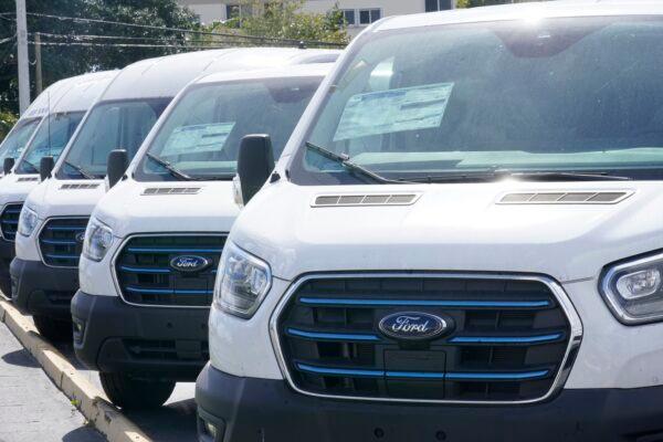 Ford E-Transit electric vans are displayed at a Gus Machado Ford dealership in Hialeah, Fla., on Jan. 23, 2023. (Marta Lavandier/AP Photo)