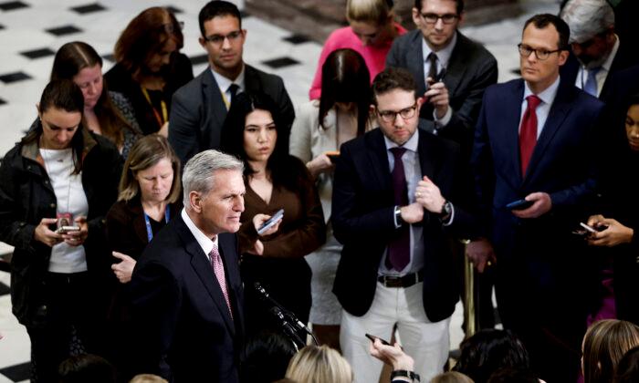 U.S. Speaker Kevin McCarthy (R-Calif.) speaks at a news conference in Statuary Hall of the U.S. Capitol Building in Washington on Feb. 2, 2023. (Anna Moneymaker/Getty Images)