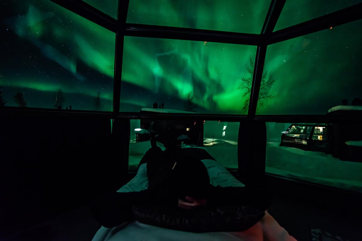 A view of the northern lights from inside a "glass igloo" at Ranua Resort in Finland. (Courtesy of Ranua Resort)