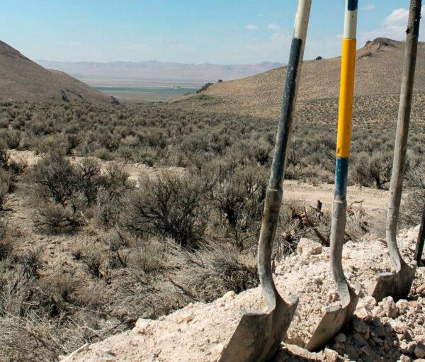 Exploration drilling continues for Lithium Nevada Corp.'s Thacker Pass Project on the site between Orovada and Kings Valley, in Humboldt County, Nev., shown in the distance, on Sept. 13, 2018. (Suzanne Featherston/The Daily Free Press via AP)