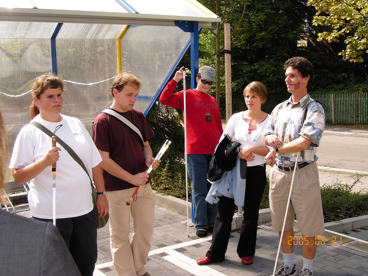 Daniel Kish guides his students in Germany in 2005. (Courtesy of <a href="https://visioneers.org/">Visioneers.org</a>)