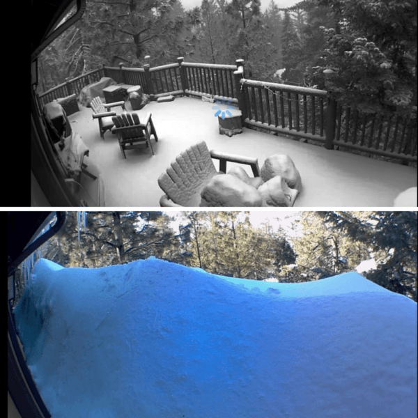 A collage of screenshots taken on March 3, 2023 of Lake Arrowhead resident Becky Gardner's backyard before and after a major storm swept across Southern California. (Courtesy of Becky Gardner)
