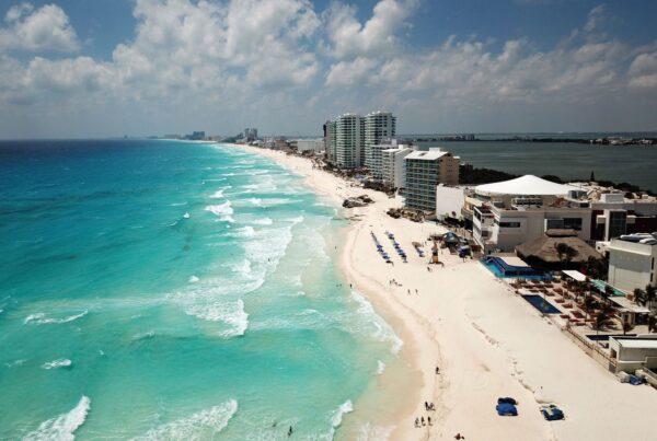 Aerial view of an almost empty beach in Cancun, Quintana Roo state, Mexico, on March 28, 2020. (Elizabeth Ruiz/AFP via Getty Images)