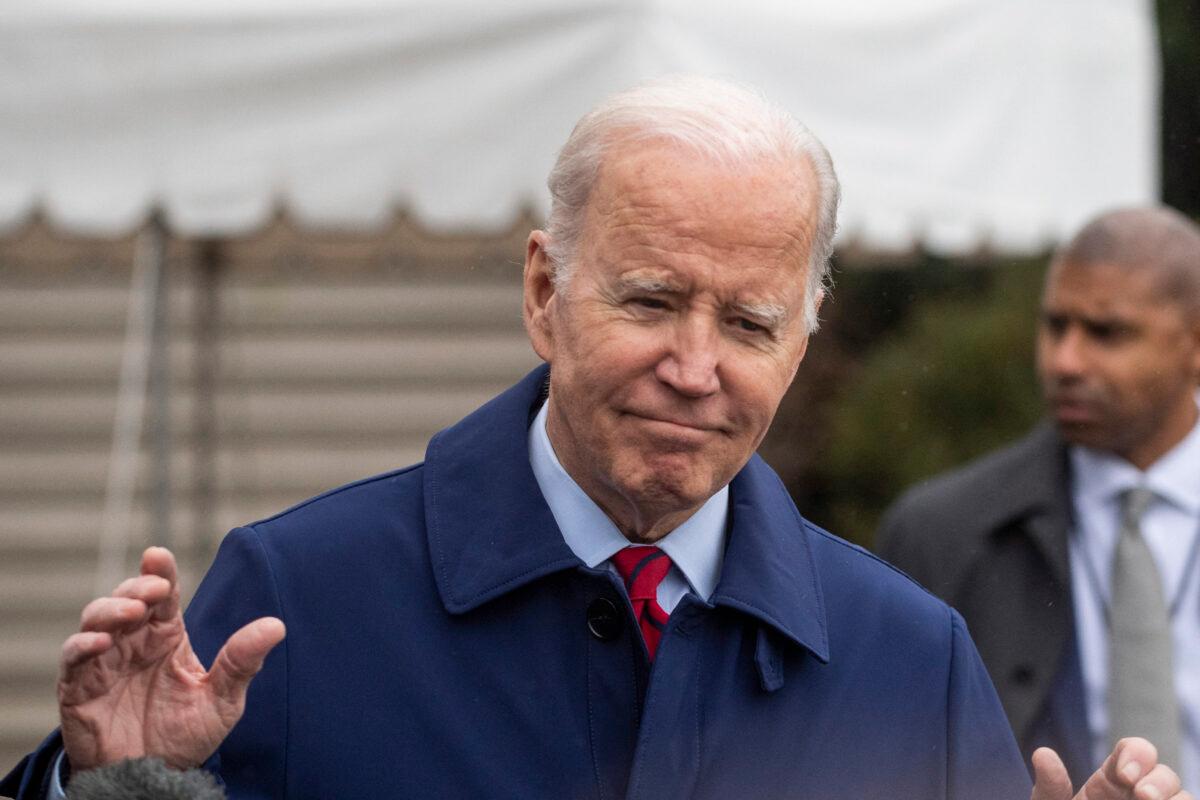 President Joe Biden reacts to questions from journalists moments before departing from the South Lawn of the White House in Washington, on March 3, 2023, as he travels to Wilmington, Delaware. (Roberto Schmidt/AFP via Getty Images)