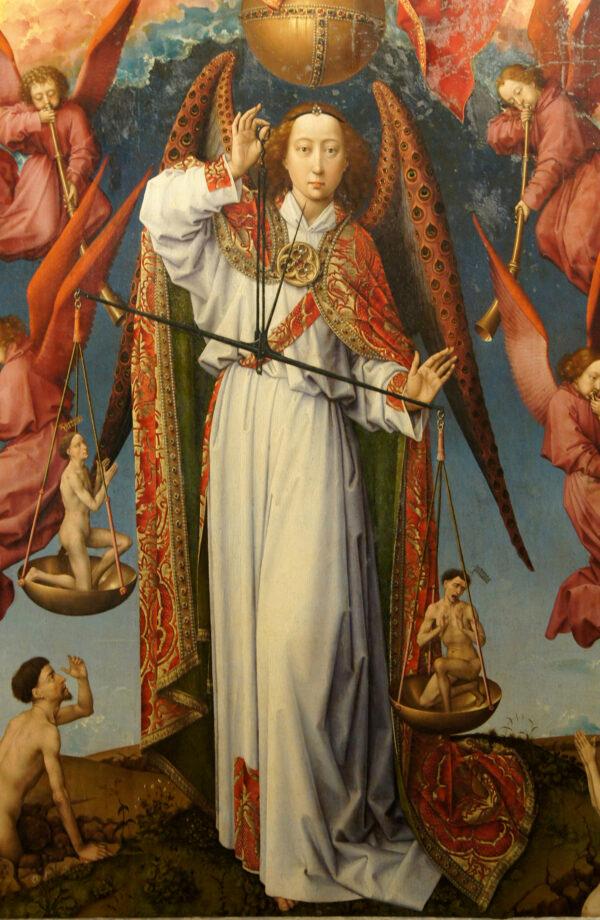 Plato’s “Myth of Er” tells a story of souls being judged. Detail of Archangel St. Michael weighing souls, from the altarpiece of the “Last Judgment,” 1446–1452, by Rogier van der Weyden. Salle Saint-Louis in the Louvre. (PD-US)