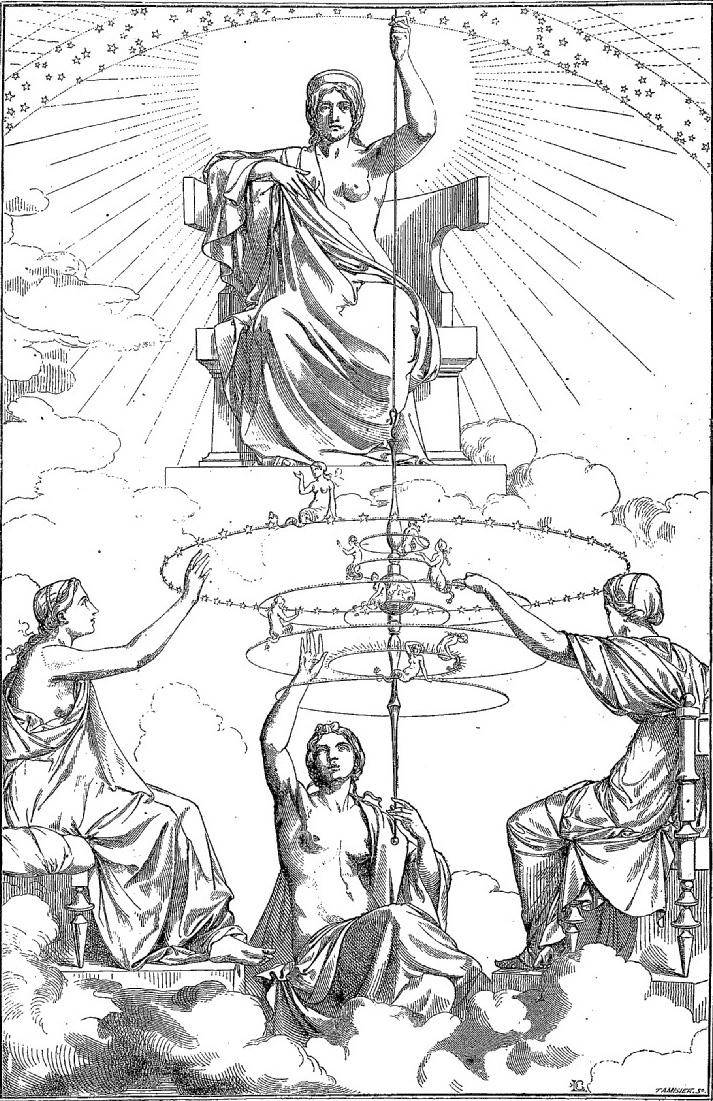A modern illustration of a passage in the "Myth of Er," where Ananke, the personification of Necessity, is above the Moirai, the Fates. From Magasin Pittoresque, 1857, by Edmond Lechevallier-Chevignard. (PD-US)