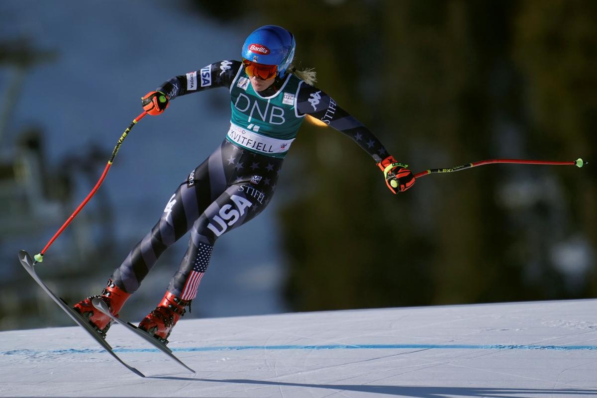 United States' Mikaela Shiffrin speeds down the course during an alpine ski, World Cup women's downhill race, in Kvitfjell, Norway, on March 4, 2023. (Stian Lysberg Solum/NTB Scanpix via AP)