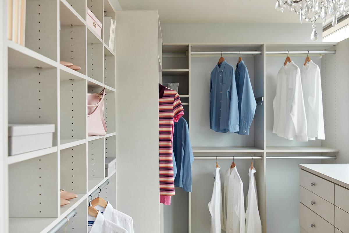 Built-in organization including a built-in dresser helps keep a primary bedroom closet organized. (Scott Gabriel Morris/TNS)
