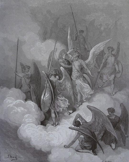 “This greeting on thy impious crest receive” (VI. 188), 1868, by Gustave Doré for John Milton’s “Paradise Lost.” Engraving. (Public Domain)