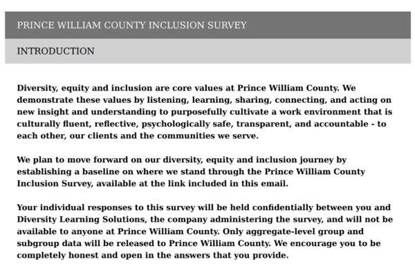 Screenshot of the inclusion survey sent to public employees by Prince William County's Diversity, Equity, and Inclusion (DEI) Office. (Coles District Supervisor's Office/Screenshot via The Epoch Times)