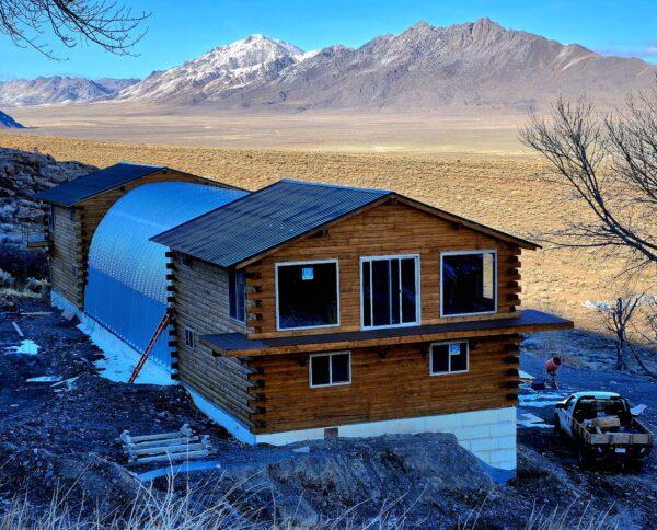 The new Viking Lodge survival shelter at Fortitude Ranch Nevada is a work in progress on March 2, 2023. (Allan Stein/The Epoch Times)
