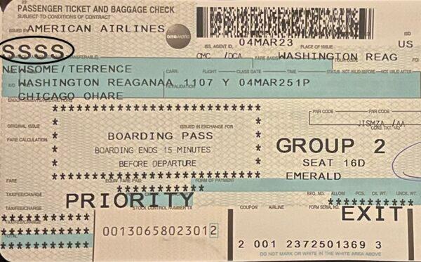 A photo of Terry Newsome's boarding pass, marked with the "quad-S" classification, as he tried to board his flight out of Washington on March 4. (Photo courtesy of Terry Newsome)