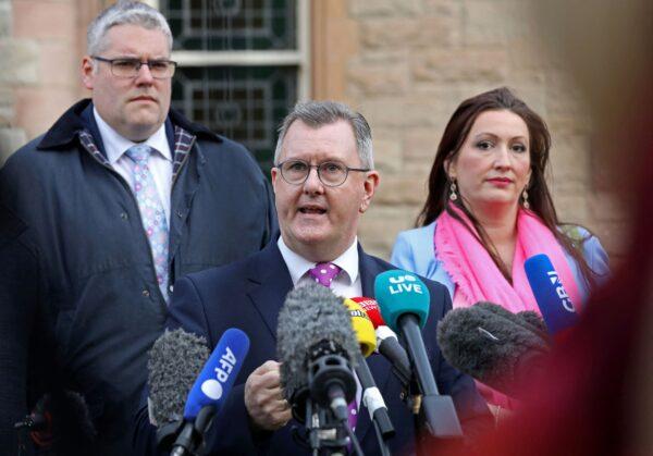 Northern Ireland's Democratic Unionist Party leader Sir Jeffrey Donaldson (C) speaks to members of the media outside the Culloden Hotel near Belfast, on Feb. 17, 2023. (Paul Faith/AFP via Getty Images)