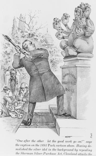 A political cartoon with the caption "One after another, let the good work go on!" which appeared in Puck magazine, circa 1893. (Fotosearch/Getty Images).