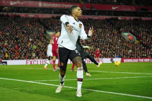 Manchester United's Marcus Rashford reacts after missing a chance during the English Premier League soccer match between Liverpool and Manchester United at Anfield in Liverpool, England, on March 5, 2023. (Jon Super/AP Photo)