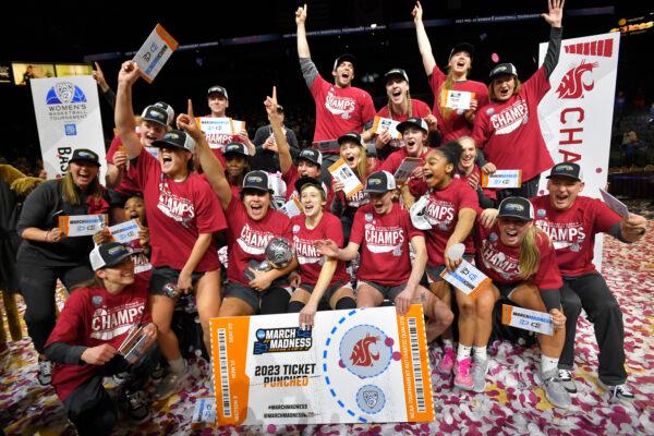 Washington State celebrates defeating UCLA in an NCAA college basketball game in the finals of the Pac-12 women's tournament in Las Vegas on March 5, 2023. (David Becker/AP Photo)