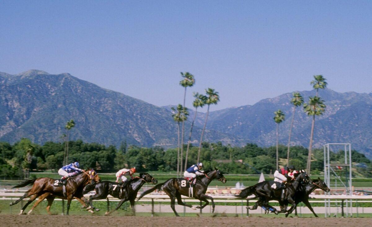 General view of a horse race at the Santa Anita Racetrack in Arcadia, Calif., in an undated photo. (Mike Powell/Getty Images)