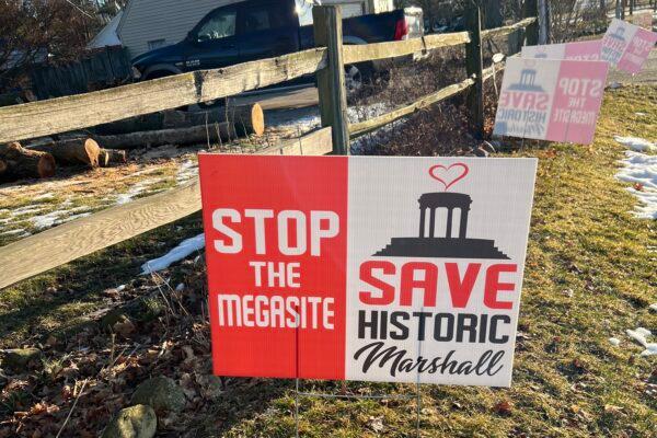 A sign calling for stopping the new Ford EV battery plant on the Chapmans' property in Marshall, Mich., on March 7, 2023. (Courtesy of Fred Chapman)
