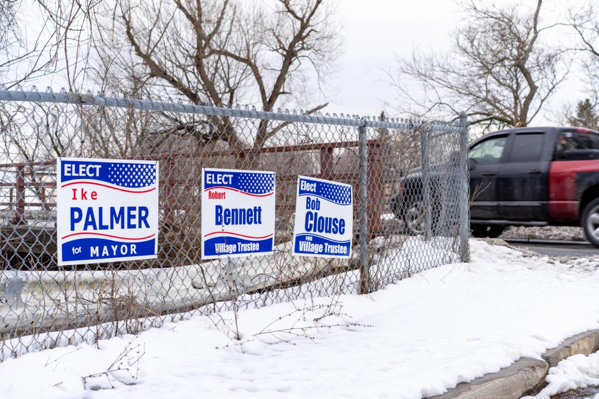 Campaign signs of three Democratic candidates in the village election near the county bridge in Otisville, N.Y., on March 1, 2022.