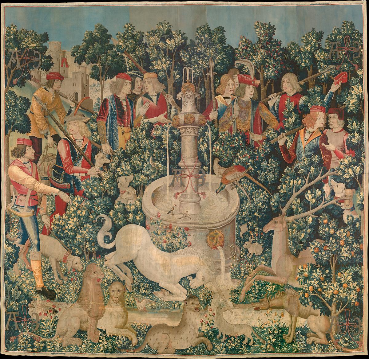 "The Unicorn Purifies Water," (1495–1505). Wool warp with wool silk, silk, silver, and gilt wefts, 145 inches by 149 inches. Gift of John D. Rockefeller Jr. (1937), The Met Cloisters. (Public Domain)